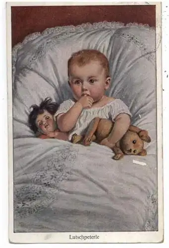 [Ansichtskarte] KINDER - CHILDREN, Kleiner Junge im Bett mit Puppe und Teddybär, "Lutschpeterle", 1928. 