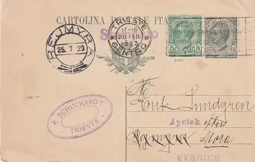 ITALIA - TRIEST - 1923 - Postkarte R. Schuchardt, Insektenpulver - Fabrik, Werbekarte nach Schweden Rejmyr / Mora
