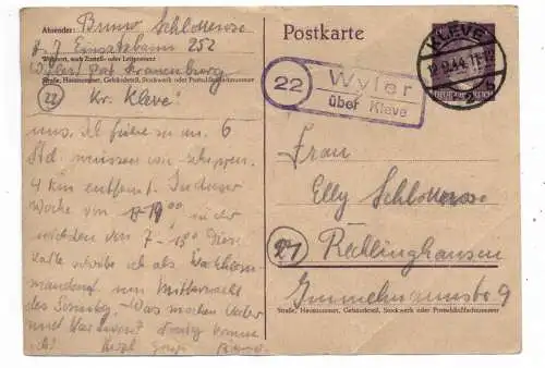 [Ansichtskarte] 4193 KRANENBURG - WYLER, Postgeschichte, Landpoststempel "Wyler über Kleve", 1944, GA. 