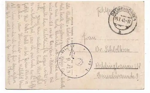 [Ansichtskarte] 2870 DELMENHORST, Haupteingang zu den kasernen, 1943, NS - Beflaggung. 