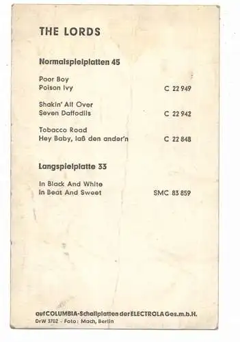 POP - MUSIK, "THE LORDS" mit allen Unterschriften, leichter Mittelknick