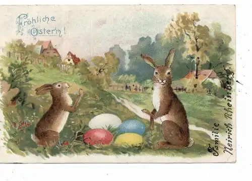 [Ansichtskarte] OSTERN / EASTER Greetings - 2 Hasen beim Osternest, 1908, kl. Eckknick. 