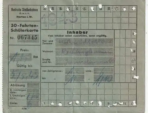 4352 HERTEN, Schüler 30 Fahrten Karte der Vestischen Strassenbahn, 1943
