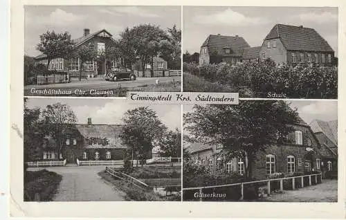 2262 TINNINGSTEDT, Geschäftshaus Clausen / VW Käfer / Schule / Gläserkrug / Dorfansicht, 1954, kl. Druckstelle