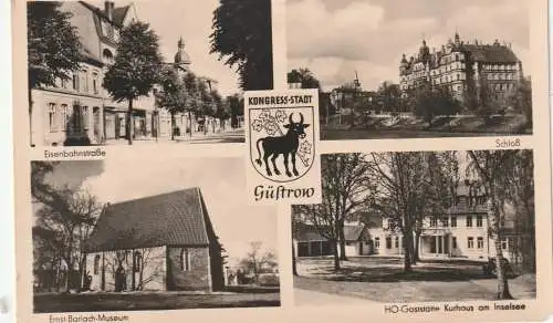 [Ansichtskarte] 0-2600 GÜSTROW, Eisenbahnstrasse, Schloß, Barlach - Museum, HO Gaststätte am Inselsee, 1957. 
