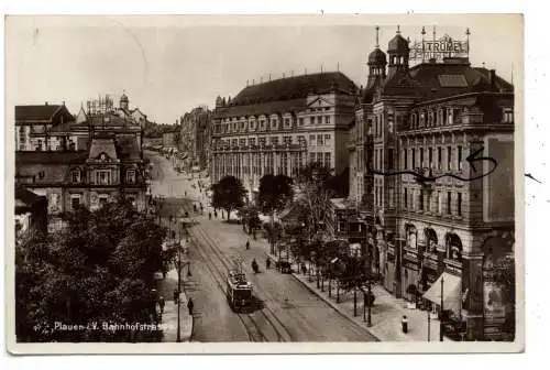 [Ansichtskarte] 0-9900 PLAUEN, Bahnhofstrasse, Cafe Trömel, Strassenbahn, 1931. 