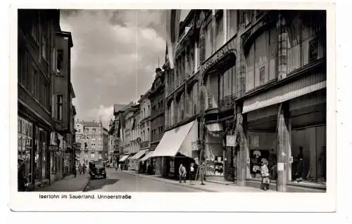 [Ansichtskarte] 5860 ISERLOHN, Unnaer Strasse, Ladengeschäfte, Oldtimer, 1954. 