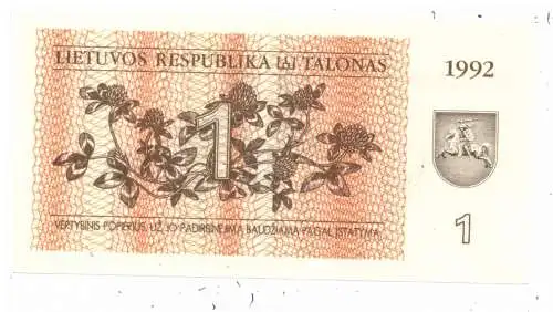 LITAUEN / LIETUVA - 1992, 1 Talonas, bankfrisch