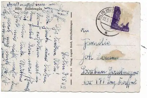 BÖHMEN & MÄHREN - BILIN / BILINA, Großgasthof Danel, 1942, deutliche Druckstellen