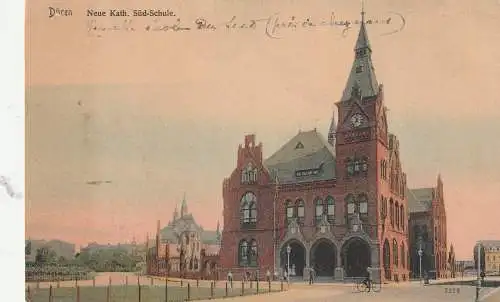 [Ansichtskarte] 5160 DÜREN, Neue Katholische Süd - Schule, 1904, coloriert. 