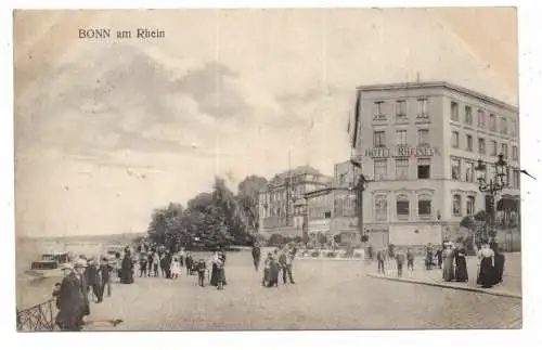 5300 BONN, Partie am Hotel Rheineck, belebte Szene, 1907, Verlag Fassbender
