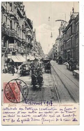 [Ansichtskarte] 1000 BERLIN, Leipzigerstrasse, Pianofabrik Trautwein, Generalpostamt, Pferdestrassenbahnen, 1907, Verlag Behr & Flether. 