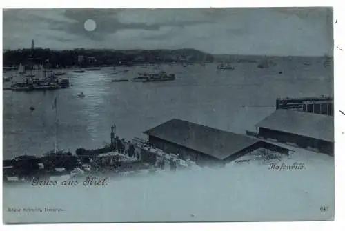 [Ansichtskarte] 2300 KIEL, belebtes Hafenbild, Mondscheinkarte ca. 1905. 