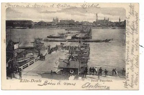 [Ansichtskarte] 5000 KÖLN - DEUTZ Panorama, Schiffsbrücke, animierte Szene, 1902. 