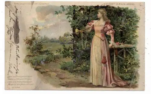 [Ansichtskarte] HALT GEGEN LICHT / HOLD TO LIGHT - Meteor # 88690, Trompete, 1904. 