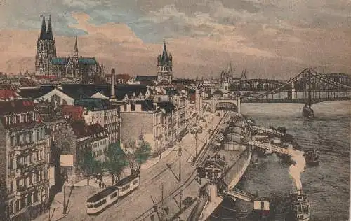 [Ansichtskarte] 5000 KÖLN, Rheinwerft, Anleger der Rheindampfer, Strassenbahn, 1920. 