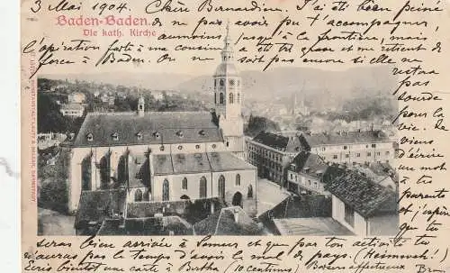 [Ansichtskarte] 7570 BADEN - BADEN, Katholische Kirche und Umgebung, 1904. 