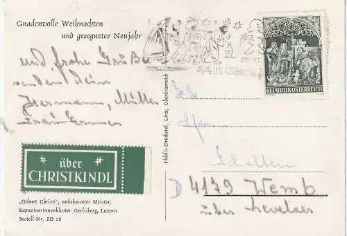 [Ansichtskarte] RELIGION - GEBURT CHRIST / Krippe, Kapuzinerkloster Gerlisberg, von Christkindl verschickt. 