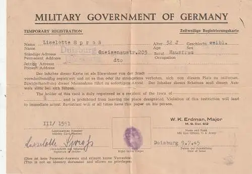 PERSONALAUSWEIS / ZEITWEILIGE REGISTRIERUNGSKARTE 1945