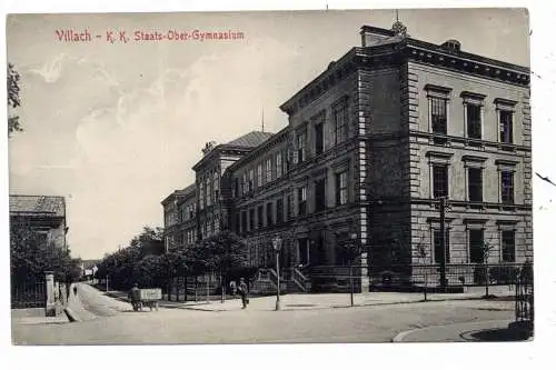[Ansichtskarte] A 9500 VILLACH, Peraustrasse, K. K. Staats - Ober - Gymnasium, 1909, Verlag Caspar & poltnig. 