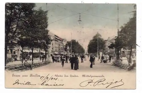 [Ansichtskarte] 1000 BERLIN, Unter den Linden, Mittelpromenade, animierte Szene, 1904, coloriert. 