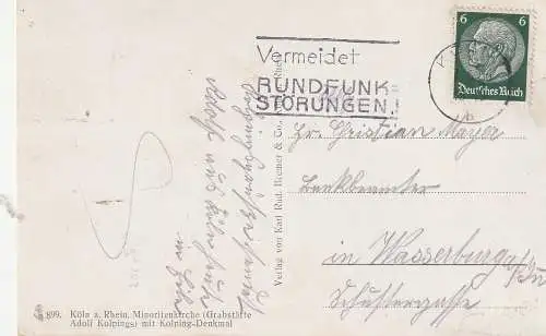 [Ansichtskarte] 5000 KÖLN, KOLPING, Kolping - Denkmal und Minoritenkirche, 1936, nach Wasserburg befördert. 