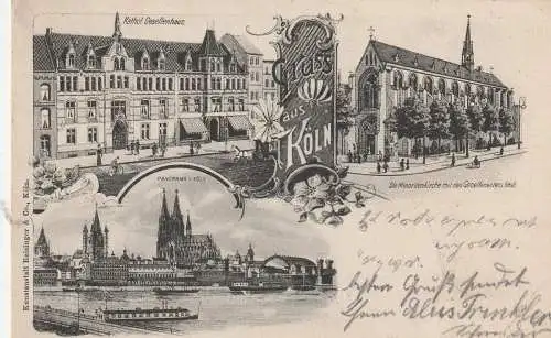 [Ansichtskarte] 5000 KÖLN, KOLPING, Lithographie 1902, kath. Gesellenhaus, Minoritenkirche, Panorama, Eckknick. 