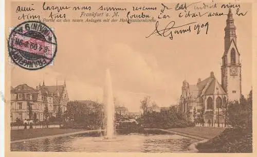 [Ansichtskarte] 6000 FRANKFURT - GALLUS, Matthäuskirche (Hohenzollernkirche), Neue Anlagen, 1909, Verlag Stengel. 