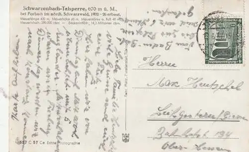 [Ansichtskarte] 7564 FORBACH, Schwarzenbach - Talsperre, Jugendherberge, 1937. 