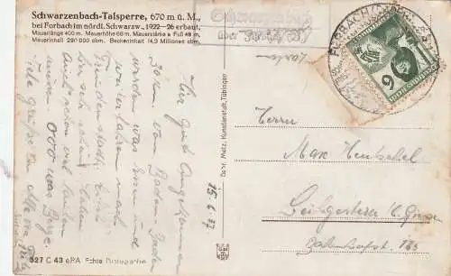[Ansichtskarte] 7564 FORBACH, Schwarzenbach - Talsperre, Landpoststempel, 1937. 