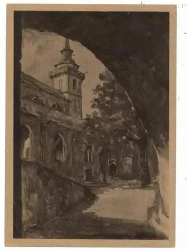 [Ansichtskarte] 5200 SIEGBURG, Abtei Michaelsberg, Blick durch den Torbogen auf den Innenhof und Kirche, 1947. 