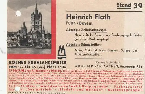 [Ansichtskarte] 5000 KÖLN, EREIGNIS, Kölner Frühjahrsmesse 1936, Fa. Floth - Fürth. 
