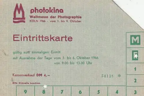 [Ansichtskarte] 5000 KÖLN, EREIGNIS, photokina 1966, Eintrittskarte. 