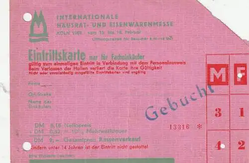 [Ansichtskarte] 5000 KÖLN, EREIGNIS, Hausrat - und Eisenwarenesse 1968, Eintrittskarte. 