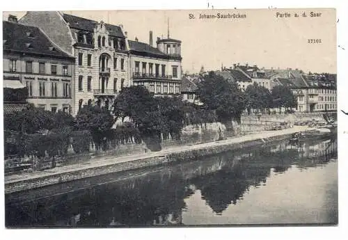 [Ansichtskarte] 6600 SAARBRÜCKEN - ST. JOHANN, Partie an der Saar, Frachtschiff, 1905. 