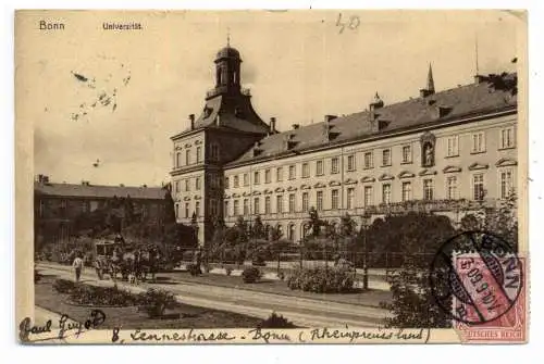 [Ansichtskarte] 5300 BONN, Universität, Kutsche, 1909, an Philosophie Professor Arnul in Troyes verschickt. 
