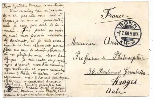 [Ansichtskarte] 5300 BONN, Universität, Kutsche, 1909, an Philosophie Professor Arnul in Troyes verschickt. 