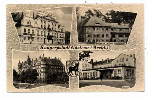 [Ansichtskarte] 0-2600 GÜSTROW, Rathaus, Bahnhof, Schloß, Sportschule "Werner Seelenbinder", 1962. 