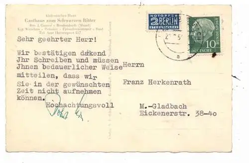 [Ansichtskarte] 5401 BRODENBACH, Gasthaus zum Schwarzn Ritter, 1954, Beantwortung einer Unterkunftsanfrage. 