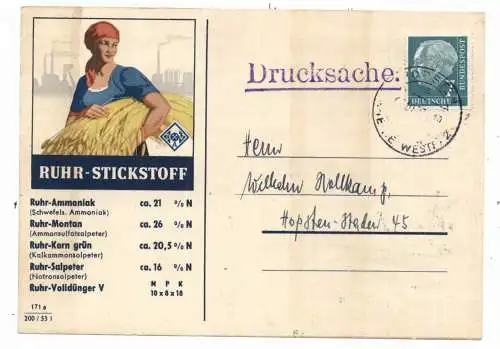 [Ansichtskarte] LANDWIRTSCHAFT - RUHR - STICKSOFF, Werbe - Karte 1955. 