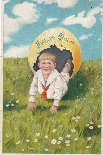 [Ansichtskarte] OSTERN / EASTER GREETING / PAQUES - Junge schlüpft aus dem Ei, Präge-Karte / embossed / relief, 1910. 