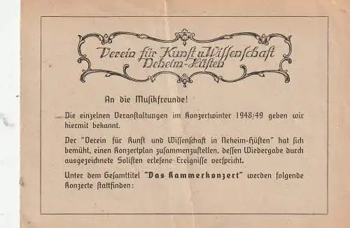 [Ansichtskarte] 5760 ARNSBERG - NEHEIM - HÜSTEN, 4 seitiges Programmheft 1949, Verein für Kunst und Wissenschaft. 