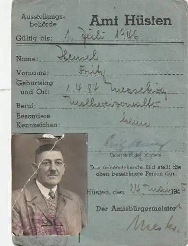 [Ansichtskarte] 5760 ARNSBERG - NEHEIM - HÜSTEN, vorläufiger Personal - Ausweis, 24.Mai 1945. 