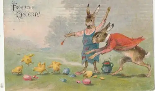 [Ansichtskarte] OSTERN / EASTER GREETING / PAQUES - Hasen, Küken, bemalte Eier, 1910. 