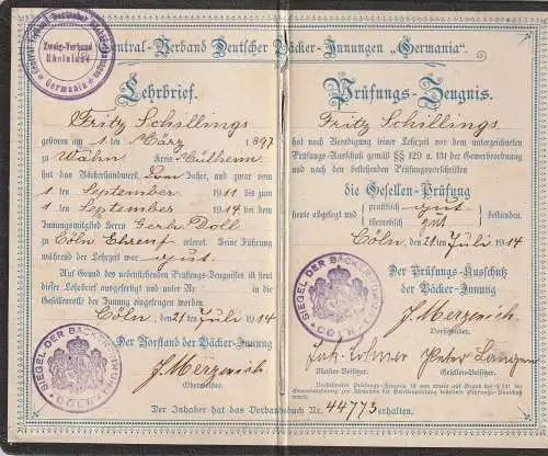 5000 KÖLN, Bäcker - Innung, Lehrbrief / Prüfungs - Zeugnis, 1914