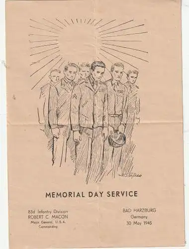 [Ansichtskarte] GESCHICHTE - US MEMORIAL DAY SERVICE, 83d Infantery Division Bad Harzburg, 4 Seiten, 30. Mai 1945. 