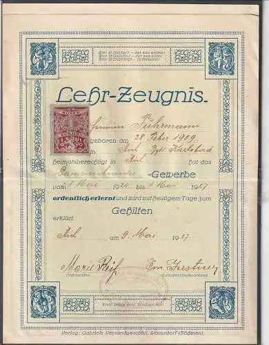 [Ansichtskarte] BÖHMEN & MÄHREN - KARLSBAD - AICH / KARLOVA VARY - DOUBI, Lehr- und Gesellenzeugnis für Damenschneider 1927. 