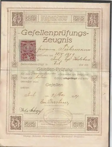 [Ansichtskarte] BÖHMEN & MÄHREN - KARLSBAD - AICH / KARLOVA VARY - DOUBI, Lehr- und Gesellenzeugnis für Damenschneider 1927. 