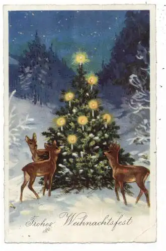 [Ansichtskarte] WEIHNACHTEN / CHRISTMAS GREETINGS, Rehe um einen beleuchteden Weihnachtsbaum, 1929. 