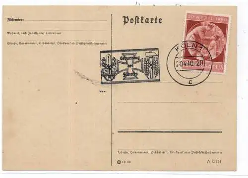 5000 KÖLN, Postgeschichte, Sonderstempel, 20.04.1940, Geburtstag von Adolf Hitler